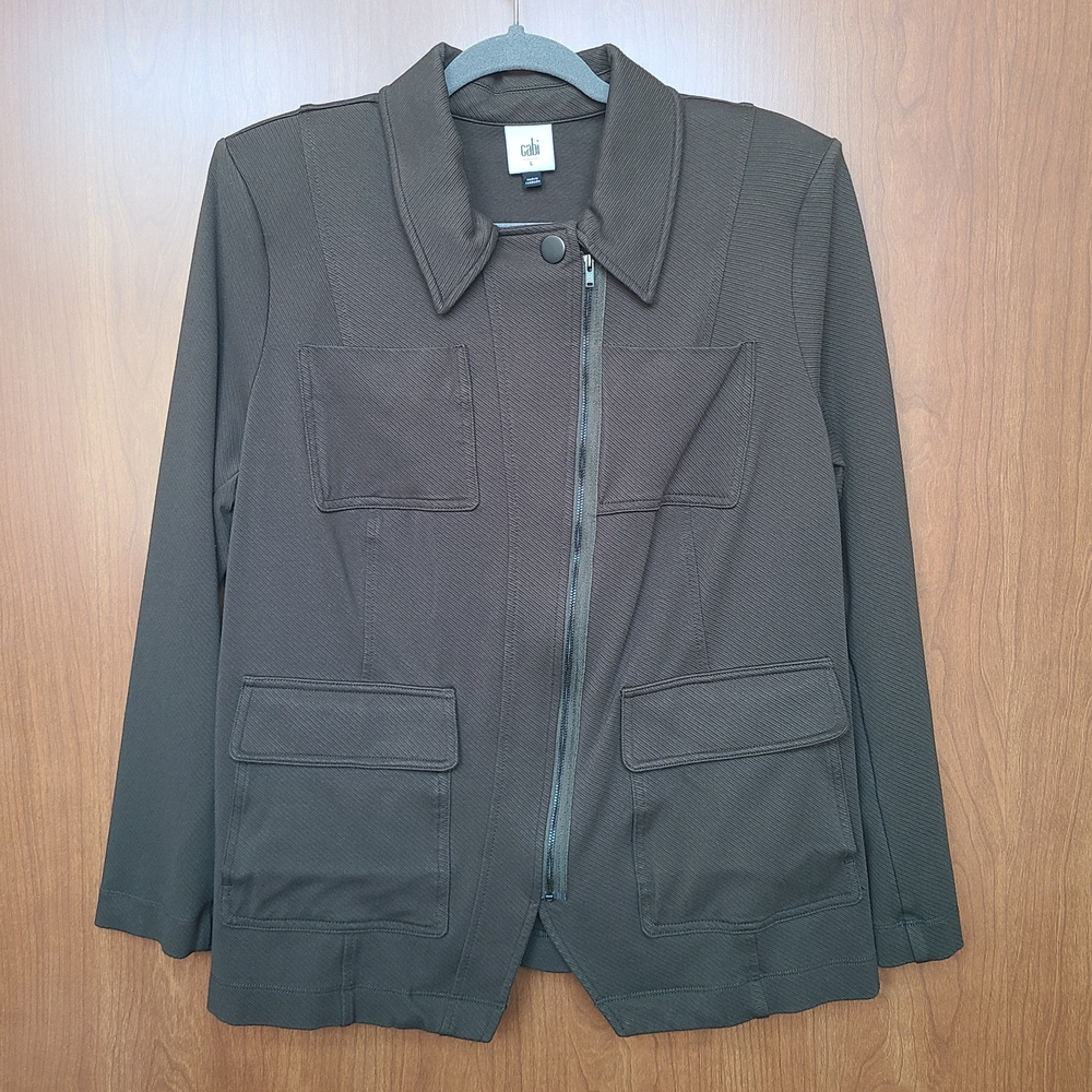 Cabi Large Olive Green Military Academy Utility Blazer Jacket Asymmetrical Zip - Picture 2 of 8